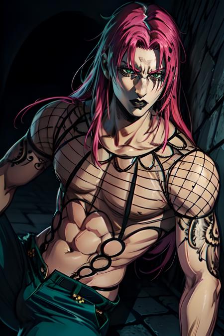 diavolo,  1boy,  long hair,  fishnet top,  pants,  detailed,  dramatic lighting,  hq,  hd,  black lips,  wallpaper,  tattoo,  night,  green eyes,  realistic,<lora:EMS-249640-EMS:0.800000>,<lora:EMS-1218-EMS:0.300000>