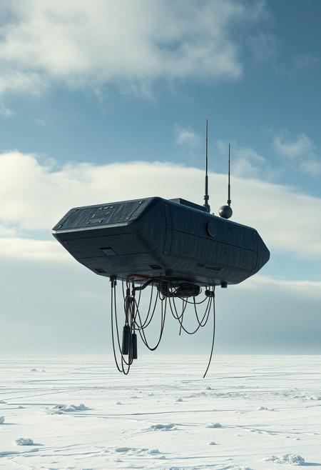 ultra high resolution, masterpiece, best quality, small featureless angular glossy black spacecraft with a heavily textured surface hovering low to the ground, underneath the spacecraft are cables hoses and wires, antennas on top, cables hanging from below, rectangular in shape, futuristic world, post apocalyptic landscape, anti gravity, in the atmosphere, sky, clouds, ground visible, hovering,  arctic wasteland, blowing snow, ice, freezing, frost covering spacecraft