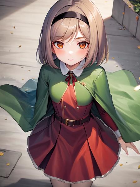 masterpiece, best quality, 1girl, solo, <lora:henp-4:1>, hairband, short_hair, red_dress, green cape,ribbon,