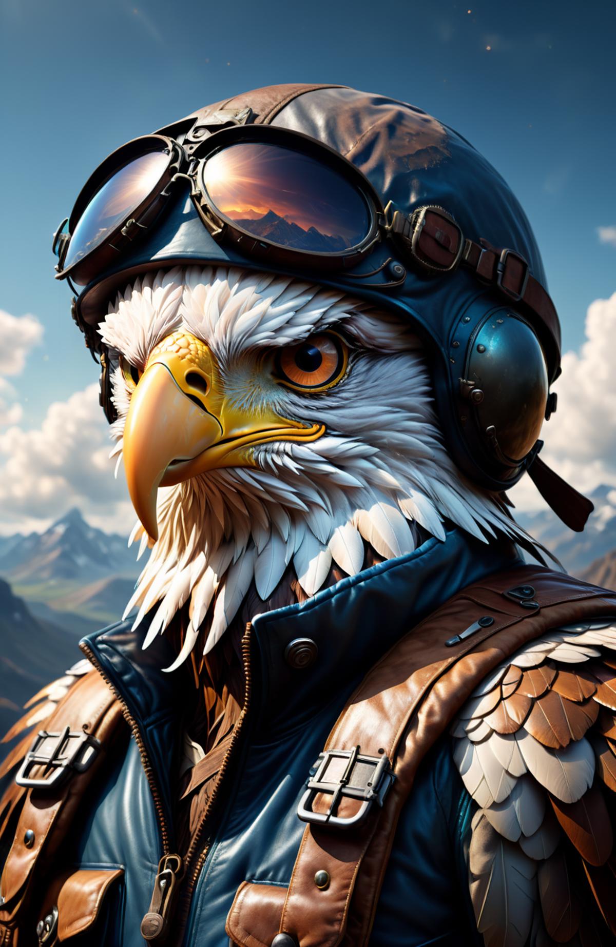 A digital illustration of an eagle in a pilot's suit and goggles.
