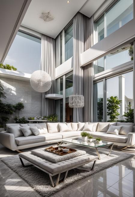 white tone,interior, shinny day, modern, arch line, cozy, furniture, plant, decor, artwork, flying fabric, (modern style, zen:1.2)