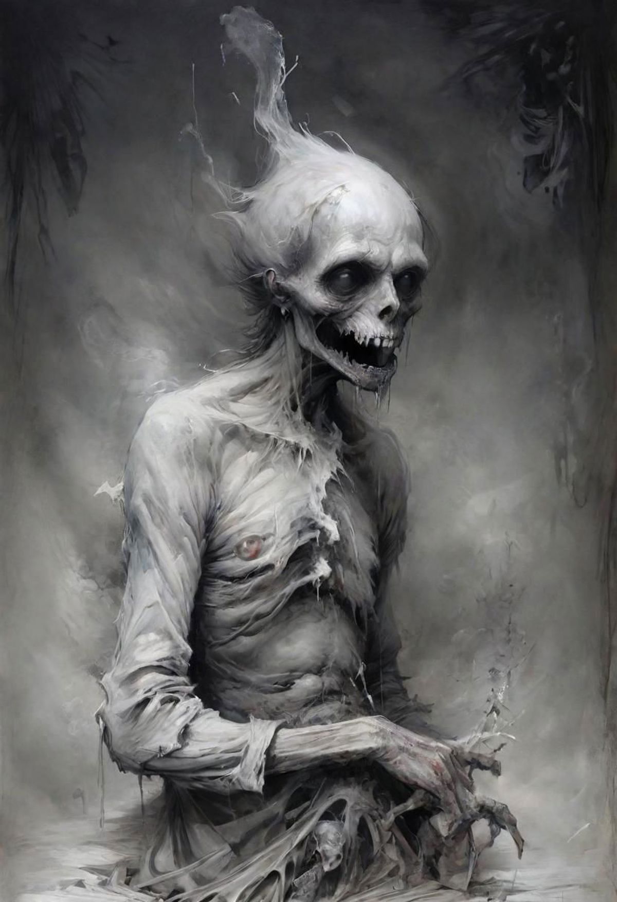 A Skull with a Skeletal Body Sitting in a Dark and Misty Environment