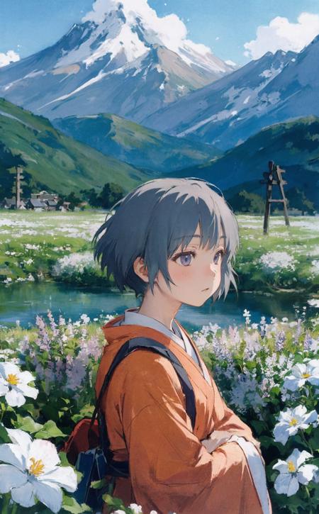 (BY Hayao Miyazaki:1.2),1girl,outdoors,flower,say,mountain,close shot,