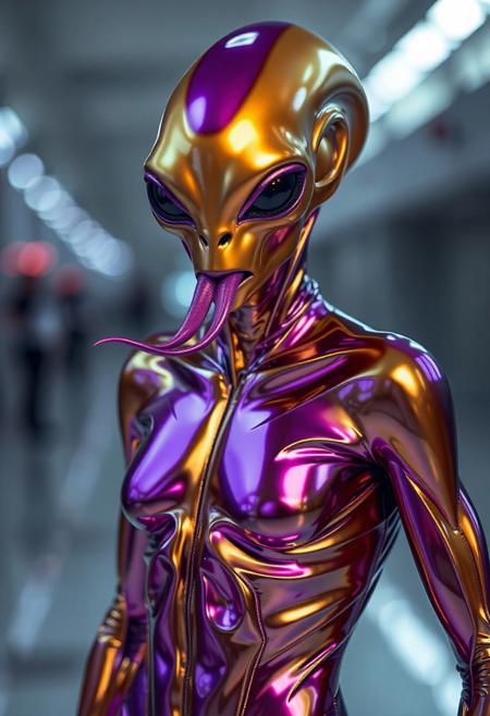 abstract male alien model in latex shiny full body outfit  avant-garde style with reflective gold and purple bold Color Scheme   He has a small nose and slim mouth with a long tongue