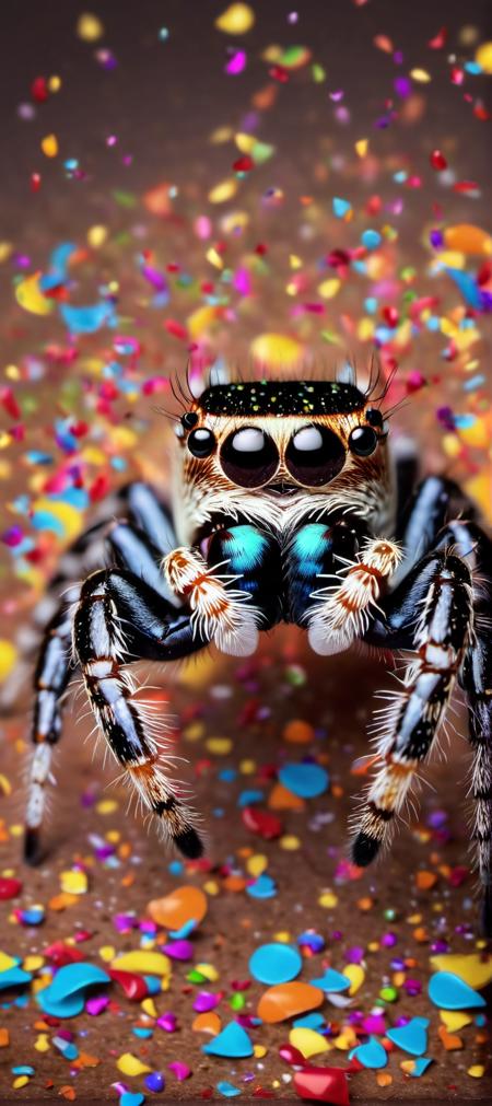 iphone photo cute and colorful jumping spider, confetti falling in background, highly detailed and realistic, large depth of field, deep depth of field, highly detailed