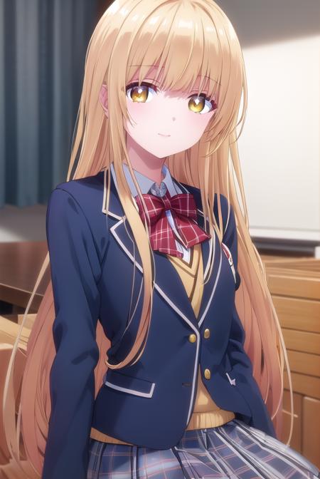 mahirushiina, <lora:mahiru shiina s1-lora-nochekaiser:1>,
mahiru shiina, long hair, bangs, blonde hair, brown hair, (yellow eyes:1.3), smile,
BREAK skirt, bow, school uniform, jacket, pleated skirt, plaid, plaid skirt, blazer, cardigan, blue blazer, (red bowtie:1.2),
BREAK indoors, classroom,
BREAK looking at viewer, (cowboy shot:1.5),
BREAK <lyco:GoodHands-beta2:1>, (masterpiece:1.2), best quality, high resolution, unity 8k wallpaper, (illustration:0.8), (beautiful detailed eyes:1.6), extremely detailed face, perfect lighting, extremely detailed CG, (perfect hands, perfect anatomy),