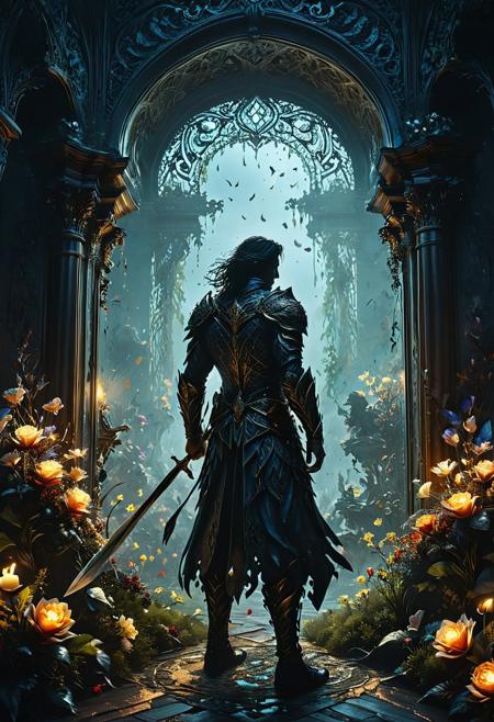This exquisite artwork features a 4K, high-resolution depiction of a heroic figure in the perfect colors and lighting. The scene combines elements of a nightmare and a dream, capturing the struggle between darkness and light. The character is determined to achieve everything, even if it means stepping on the bodies of countless enemies and bearing the weight of guilt. As night falls, the darkness within the character is revealed, hinting at their supernatural existence.
The artwork is filled with intricate details, from the elaborate sword to the flowers of memories in full bloom. The scene is set against a backdrop of a dark sky and false glory, with the hero determined to tear apart the darkness and bring light. The artwork incorporates stunning elements such as blood, moonlight, and runes, as well as a beautiful shield adorned with intricate details.
Throughout the piece, the artist showcases the character's determination in their eyes, and the heat haze in the light and shadow adds a cinematic touch. The ruthless water flower and tears of fate further enhance the overall detail of the artwork, which is awash in a haze of light leaks reminiscent of film photography. The background and styling are highly detailed and atmospheric, creating a fantastical and digital art experience that captures the essence of the story.