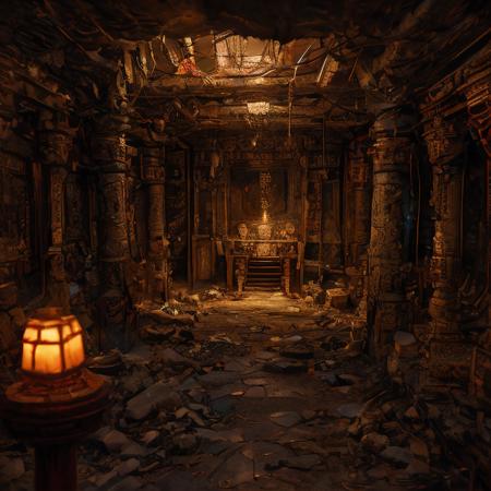 (masterpiece:1.2), (best quality,:1.2), 8k, HDR, ultra detailed, ((photorealistic)), professional light, cinematic lighting, fashion photography, ambient lighting, <lora:detail_slider_v4:3>, an evil underground temple, FanUn, <lora:FantasyUnderground-10:1>, epiCPhoto,