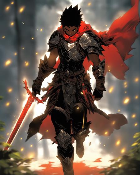 weapon, armor, sword, solo, 1boy, gauntlets, male focus, (holding sword:1.2), cape, holding weapon, holding, planted, glowing, full armor, greaves, black armor, shoulder armor, torn clothes, standing, fur trim, red cape, glowing weapon, breastplate, planted sword