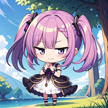 <lora:hotarueye_jitome17_v100:1>, 1girl, (chibi:1.4), smile, closed mouth, dynamic angle, standing, , purple hair, outdoor