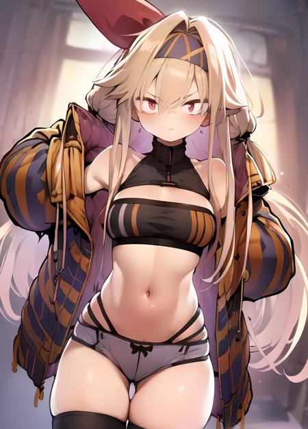 masterpiece, highres ,1girl,  <lora:amunero-13:1> amunero, (single braid), side braid, headband, cowboy shot, hair ornament, (highleg panties, highleg,shorts,thighhighs:1.2), off-shoulder jacket, oversized jacket, bare shoulders, tube top,  orange red eyes, red ribbon, hair ribbon, puffy sleeves,