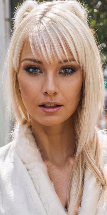 A stunning intricate full color closeup headshot of rikki_six, portrait, a woman face in paris,
((front view:1.2)), centered, detailed face, 
very long hair, makeup, seductive look, (cute smile),
wearing (white_t-shirt:1.4) and (opened_fur_coat:1.4),looking at the viewer, 
(natural light), ((sharp face, detailed face, realistic face, naturtal skin, realistic skin, detailed skin, pores, detailed eyes,realistic eyes)),, depth of field, ((cinematic light)), colorful, hyper detail, masterpiece, photorealistic,detailed, intricate, highly detailed eyes, sharp focus on eyes,
<lora:rikki_six:0.9>