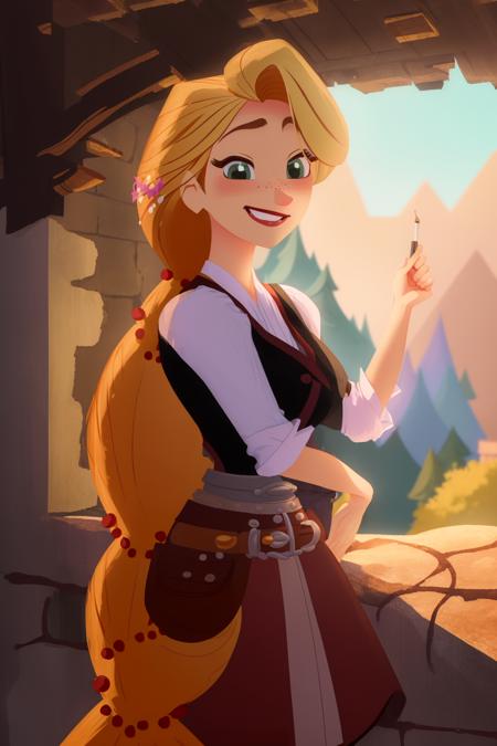 (masterpiece, best quality, high resolution:1.4), rapunzel, (long braid:1.3), looking at viewer, adventure outfit, smile, outdoors, <lora:Rapunzel_v22:1> dungeon,