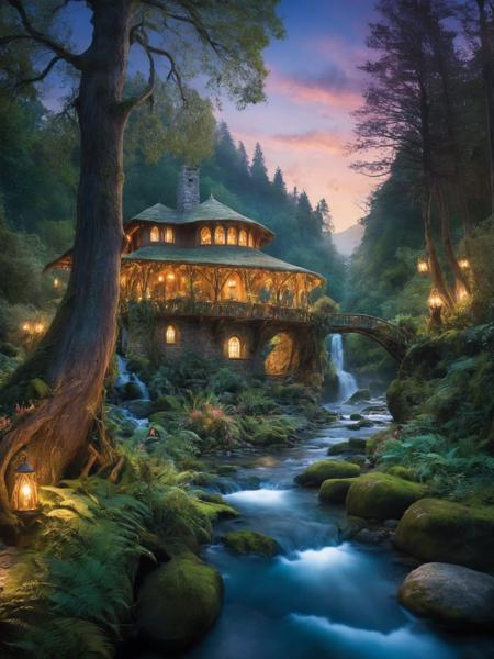 enchanted forest at twilight, ethereal light filtering through ancient towering trees, vividly detailed lush undergrowth, mystical creatures lurking in the shadows, sparkling fairy lights weaving through the foliage, a crystal-clear stream with water so pure it glows, cascading waterfall in the background with magical properties, fantasy wildlife drinking at the water's edge, highly detailed, photorealistic textures on every surface, soft diffused lighting creating a serene atmosphere, high dynamic range, ultra HD 8K resolution, depth of field emphasizing the magical focus points, art by Thomas Kinkade and Roger Dean, immersive, otherworldly beauty captured in cinematic quality,