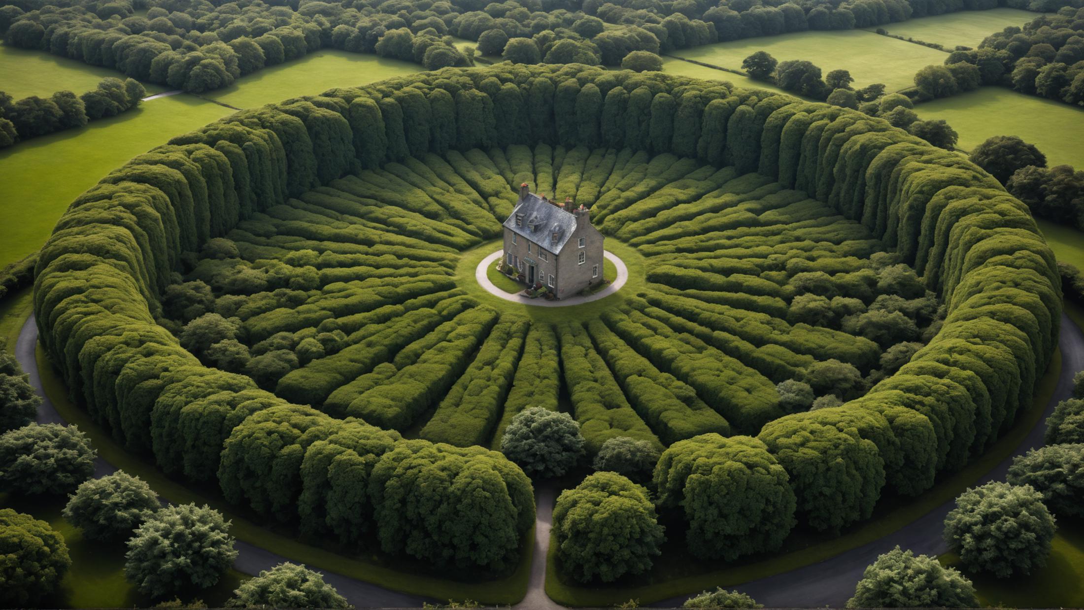 An aerial view of a house in the middle of a hedge maze.