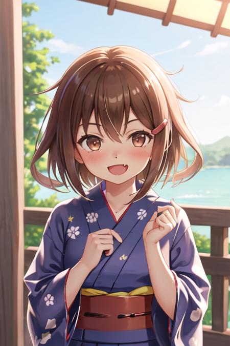 best quality, masterpiece, highres, solo, {yukata:1.40}, {kimono:1.20}, {ikazuchi_kantaicollection:1.15}, brown_hair, short_hair, hairclip, hair_ornament, brown_eyes, serafuku, fang, open_mouth, smile, blush