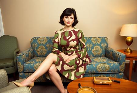 masterpiece portrait of seated woman in 1960s mini dress::1.4, 1960s vintage magazine style::1.2, mid-century retro art::1.1,
(physical description: adult woman seated on armrest of floral sofa, legs crossed, long-sleeved mini dress with bell sleeves, psychedelic green-brown-cream pattern:1.1),
(facial features, expression: neutral expression, facing forward, soft makeup with a subtle 60s flair:1.0),
(clothing details: abstract-patterned mini dress in green, brown, and cream tones, hem mid-thigh, fabric draped naturally:1.0),
(accessories: none prominent, understated style typical of 1960s casual fashion:0.9),
(background setting: mid-century living room with blue and yellow floral sofa, green armchair, wooden coffee and end tables with ashtrays and a vintage lamp:0.9),
(lighting style: warm ambient lighting with slight yellow-orange cast typical of incandescent bulbs:0.8),
(composition and camera framing: straight-on eye-level shot, full figure in seated pose with room elements framed behind:1.0),
(emotional tone or theme: relaxed domesticity with a subtle retro elegance, casual yet composed:0.9),
(technical execution: grainy texture reminiscent of 1960s film photography, slight vignetting, soft shadows:0.8)