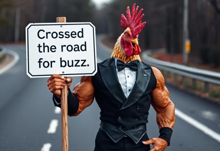 An anthropomorphic chicken man is holding a sign, "Crossed the road for buzz." He looks amazing, dressed in a tuxedo and cummerbund.  He's also weirdly muscular.  The image should be slightly displeasing despite the strangely attractive chicken man.  The road is visible behind him.