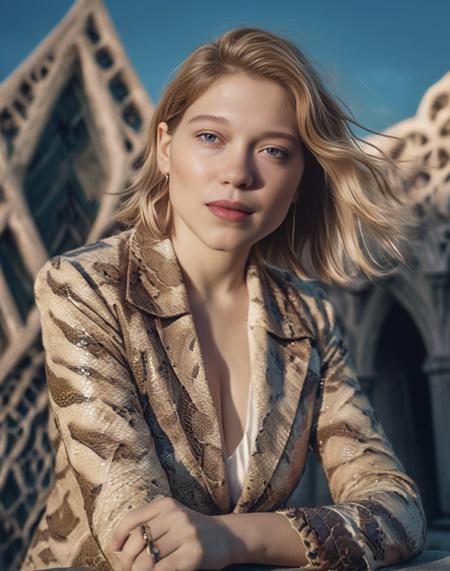 LeaSeydoux, Ultra sharp,4k,detailed,hdr, (art by Tsutomu Nihei:1.1) , photograph, highly detailed, Creative small [Gaelic|Brazilian] (Female:1.1) , ðµ, wearing Snakeskin [Chausses|Trachtenhemd], background is [Swimming pool|Sagrada Familia], at Dusk, Smiling, film grain, Hasselblad, 80mm, Cold Colors,  <lora:LeaSeydouxSDXL:1>