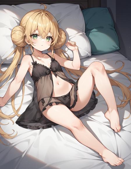 blonde hair, crossed bangs, hair between eyes, long low twintail, double side hair buns, side bangs, ahoge, light green eyes, white one-piece dress with black strap, floating bow and arrow, child