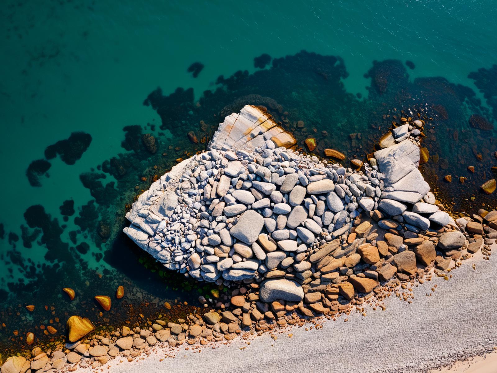 A rocky beach with a large rock in the water and a fish-like shape.