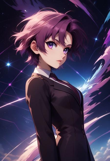 zzBazett, short hair, purple eyes, purple hair, mole under eye, zzBazett, short hair, purple eyes, purple hair, mole under eye, necktie, formal black suit,