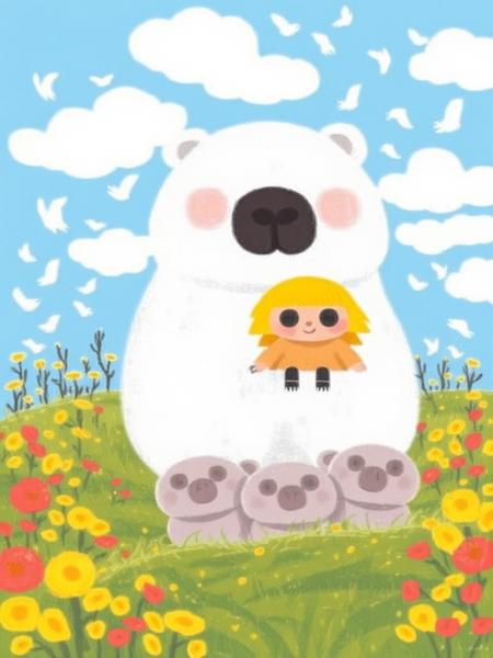 A whimsical digital illustration depicts a blonde girl in a peach dress sitting on the back of a large, white polar bear with its massive head and small body. The girl's dress contrasts gently with her rosy cheeks. Surrounding them are colorful, serene meadows adorned with yellow and red flowers, and delicate, whimsical white birds flit through a clear blue sky with scattered clouds. Three cute, round bear cubs with happy faces sit in front of the large bear, one of which looks directly at the viewer. The artwork is charming and exudes a playful, fantastical vibe.

best composition, best quality,masterpiece, vibrant colors, healing atomosphere