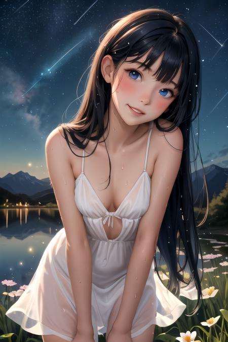 (masterpiece, best quality), 1girl, solo, dark blue hair, very long hair, straight hair, blunt ends, asymmetrical bangs, blue eyes, medium breasts, toned, straight-on, looking at viewer, standing, leaning, leaning forward, head tilt, mountain, lake, flower field, night, night sky, starry sky, star \(sky\), shooting star, full moon, reflective water, white sundress, see-through silhouette, blush, light smile, parted lips, wind, fireflies, wet, wet hair, wet dress, shiny skin, sexually suggestive