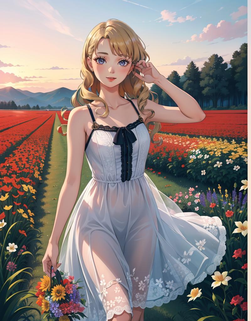 A beautiful woman wearing a white dress walks through a field of flowers.
