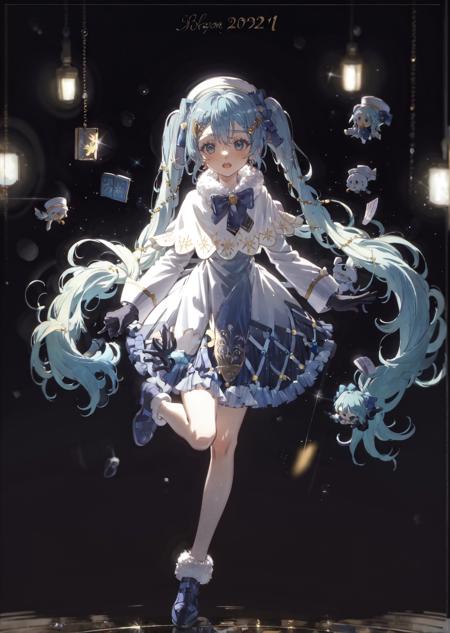 mksks style, masterpiece, best quality, sidelighting, highres,  <lora:yuki_miku_2021-10:1>, full body, 
yuki miku (2021), 1girl, blue gloves, book, white headwear, blue hair, twintails, musical note hair ornament, gloves, beret, hat, bow, solo, blue eyes, long hair, musical note, capelet, white capelet, braid, light blue hair, snowflake print, blue bow, hair ornament, braided bangs, looking at viewer, hair bow, white dress, fur trim, fur-trimmed capelet, treble clef, white background, gold trim, dress, very long hair, bowtie, christmas lights, tabard, lily of the valley, 