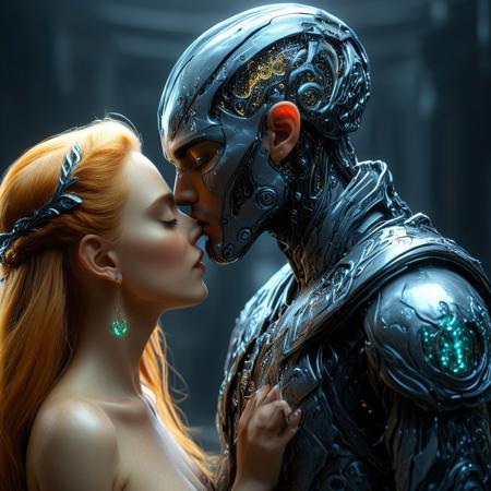 brutal biomechanical cyborg man kissing a beautiful elven queen, magical, sci-fi, beautiful, unimaginable, 
very dramatic, naturalistic, photorealistic, highly detailed digital art, science vs fantasy, 
accurate intricate and realistic anatomy, 
soft lighting, Cinematic, Color Grading, Editorial Photography, volumetric lighting, atmospheric, Photography,