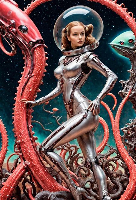 safe_pos, old pulp scifi movie poster, 1girl, full body, side ponytails, perfect hourglass figure, retro futuristic girl in a sexy space suit, alien battle, tentacle alien made of coralbugXL