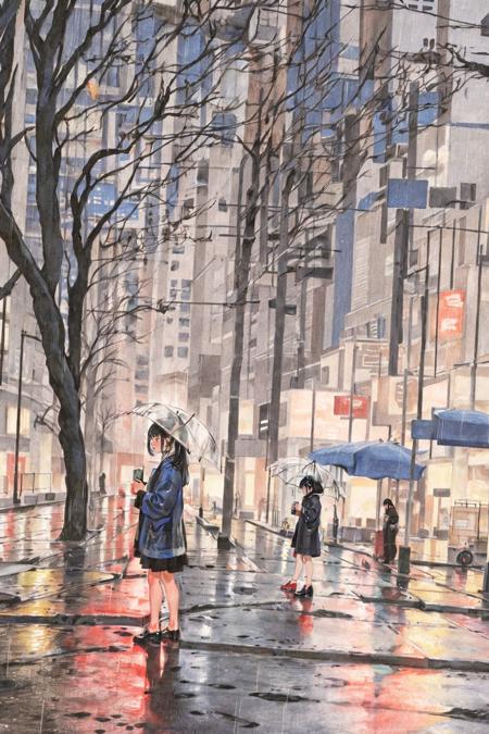 rainy, outdoors, street, 1girl, road, building, tree, traditional media, black hair, scenery, long hair, solo, real world location<lora:Colored lead_20230801210009:0.8>, (illustration:1.0), masterpiece, best quality,