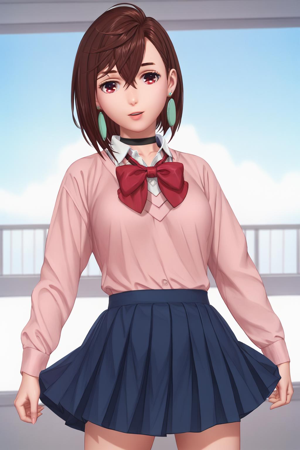 <lora:shining_nikki_style_pony_v1:1.2>  <lora:momo_ayase_anime_v3-soralz:1> momo ayase,brown hair,short hair,hair between eyes,asymmetrical bangs,brown eyes,red eyes,earrings,black choker,medium breasts,school uniform, white collared shirt, pink sweater, long sleeves, red bowtie, blue skirt, miniskirt, white socks, loose socks, brown footwear,brown boots, Score_9, Score_8_up, Score_7_up, Score_6_up, Score_5_up, Score_4_up, BREAK,1girl in full growth, best quality, masterpiece, ultra-detailed, high quality,good quality,1 girl,(master piece,high resolution, ultra detailed,8K,16K),look at viewer