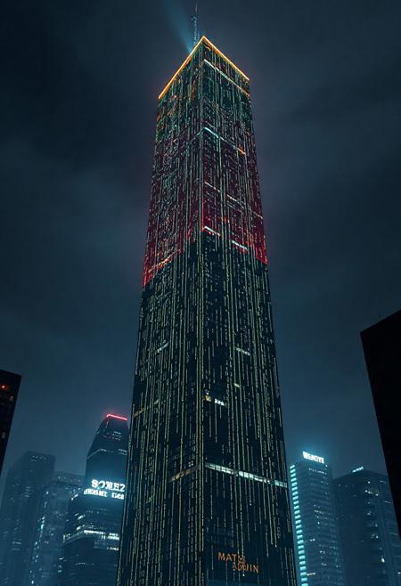 Skyscraper in a city. The top half of the skyscraper turns into a transparent matrix style 3d rendering. Cyberpunk theme.