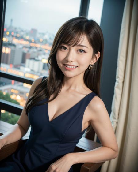 best quality, ultra high res, (photorealistic), RAW photo,(DOF:1.5), (portrait),in Suite, luxurious room, curtains, large sweep window, night view of skyscraper
stand by the window ,
1japanese girl, solo, cute, kawaii,(happy smile:1.2), (brown eyes, catch light:1.4), natural skin, (small chest),(midi hair)
BREAK
(thin navy sleeveless dress)
<lora:satsuki_MK10:0.5>