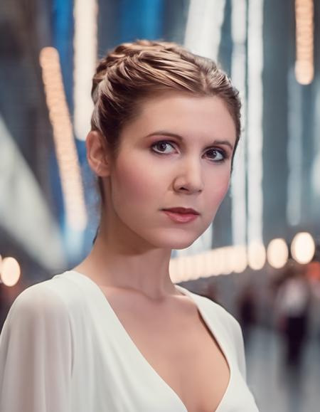 breathtaking photo of skswoman, 1girl, brown hair, white dress, blurry, lips, depth of field, blurry background (lonely:1.2) futuristic city lots of lights, portrait, realistic, nose, professional, 4k, highly detailed <lora:Princess Leia:0.8> . award-winning, professional, highly detailed