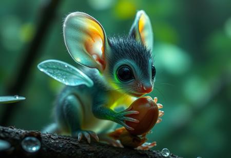 furry little translucent mammal in a rain forest zoomed in, rainbow of light reflection off dew, green and vivid colors, wild fog, large eyes, transparent body, invisible like a jelly fish, huge ears, very cute, incredibly adorable, eating a nut, fungal hair, see through, wings, amazing atmosphere, detailed background, mystical realm, floating orbs of light