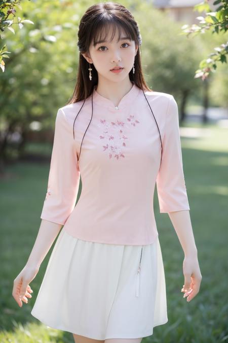 pink shirt,white skirt,