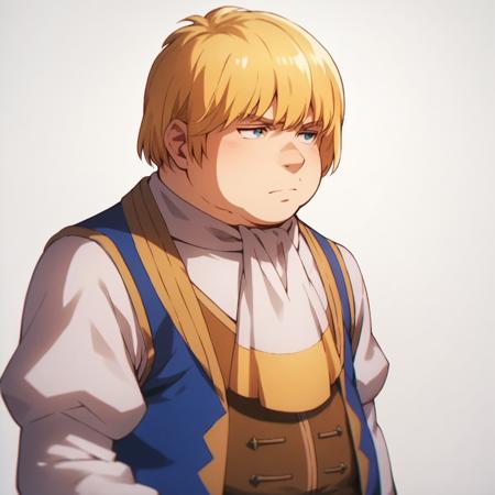 zanac valleon, fat, blonde hair, vest, ascot, puffy long sleeves