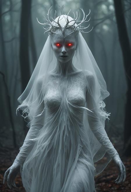 a captivating and otherworldly figure, shrouded in an ethereal, almost ghostly presence. The focal point is a feminine entity with striking, alien-like features - luminous white skin, glowing red eyes, and a headdress of sharp, thorn-like protrusions that add to the sense of the supernatural.
The entity's form is wrapped in a flowing, gossamer-like gown that seems to billow and flutter as if caught in a spectral wind. The delicate, feather-like textures of the garment create an impression of fragility and an otherworldly grace, in contrast with the unsettling, inhuman quality of the figure's face and eyes.
The surrounding environment heightens the sense of the otherworldly, with a dark, misty forest providing a suitably ominous and mysterious backdrop. The scattered, glowing embers that dot the scene add an element of the ethereal, further enhancing the entity's supernatural aura.
The overall composition is visually captivating, blending elements of fantasy, horror, and the sublime to craft a truly mesmerizing and enigmatic scene. This image invites the viewer to ponder the nature and origins of this haunting, enigmatic figure, sparking the imagination and a sense of awe in the face of the unknown.