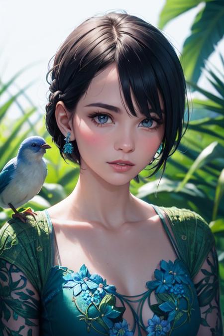 fashion photography portrait of blue human avatar, in blue lush jungle with flowers and birds, 3d render, cgi, symetrical, octane render, 35mm, bokeh, 9:16, (intricate details:1.12), hdr, (intricate details, hyperdetailed:1.15), (natural skin texture, hyperrealism, soft light, sharp:1.2)