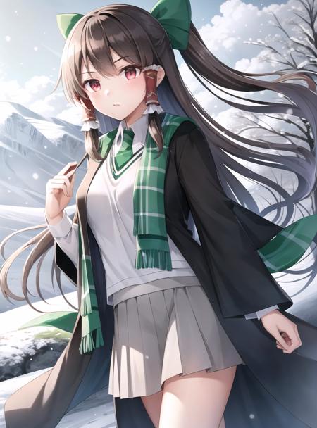 best quality, 1girl, reimu hakurei, brown hair, red eyes, hogsks, hogwarts school uniform, slytherin, black robe, green scarf, perplexed, (gray vest:1.2), gray skirt, outside, snow, black-green robe