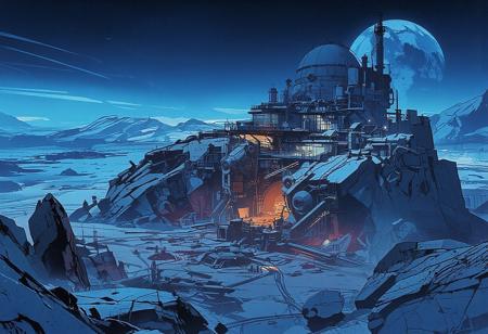 Aerial view, looking down upon a massive lunar crater. A scientific research station, almost a futuristic city, stands on the edge of this vast lunar basin. Large boulders and small rocky spurs are scattered throughout the terrain. The city is perched atop a towering rocky outcrop, overlooking the immense crater, which resembles a barren valley.
The station's architecture is sleek and harmonious, made of glass and steel. A grand building with a colossal astronomical observatory dome dominates the other structures. Multiple platforms host residential and research facilities, with scattered lights, intricate staircases, and antennas spread throughout. The city is surrounded by a vast expanse of frozen rock.
At the base of the outcrop, a dozen smaller research domes, pipelines, conduits, and massive extraction machines fill the foreground, where activity is bustling across the plain. In the middle of the frozen crater, a spaceport stands. The sky is intensely illuminated as the sun sets, casting a bluish glow over the icy city. The air is frigid, with ice crystals drifting in the wind, lifting snow and dust just above the ground. In the distance, Earth is visible, setting on the horizon.