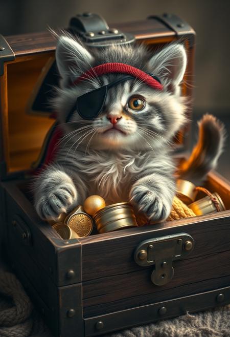 In a hyper-realistic image, an adorable kitten is dressed as a pirate, complete with an eye patch and a bandana. The kitten's fur is a fluffy, gray coat, and its paws are tiny and delicate. The kitten is opening a treasure chest with both paws, and a golden light is radiating outwards from within. As the chest creaks open, the kitten's eyes widen with excitement, and its face lights up with joy. Instead of gold coins or precious jewels, the treasure chest is filled with a kitten's paradise: rows of sardine tins, stacks of yarn balls, and a treasure trove of catnip toys. The kitten's paws are grasping the edges of the chest, and its tail is twitching with excitement. Its eyes are glowing with an inner light, and its whiskers are quivering with joy. The overall effect is one of pure, unadulterated delight, as if the kitten has discovered the greatest treasure of all time. The image is rendered in exquisite detail, with subtle texture and shading that creates a sense of depth and dimensionality. The golden light radiating from the treasure chest adds a warm, cozy glow to the scene, and the kitten's ecstatic expression is infectious, making the viewer smile with delight. Highest-Quality, 4k, intricate details, visually stunning, Masterpiece