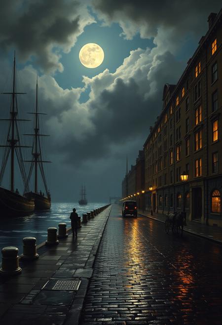 This captivating painting depicts a moonlit dockside scene, exuding an atmospheric tranquility. The prominent full moon casts a silvery glow through a heavily clouded sky, illuminating the wet cobblestone street and the dark waters of the harbor. On the left, several tall-masted ships stand silhouetted against the nocturnal light, their rigging intricate and still. To the right, a row of multi-story buildings lines the street, their windows emanating warm, inviting light that contrasts with the cool tones of the night. A few solitary figures are visible on the street, one perhaps waiting by the ships, another walking under the soft glow of a streetlamp, and a horse-drawn carriage appears to be making its way through the scene. The overall impression is one of quiet solitude and subtle beauty, a snapshot of a bustling port settling down under the watchful eye of the moon. The textures of the wet ground reflect the light, adding depth and realism to this evocative nighttime vista.