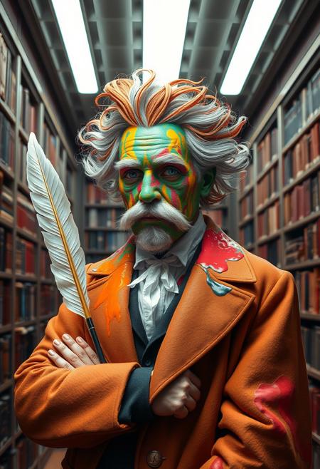 Nietzsche living vibrant eyes full body made of cohesive liquid colorful paints wearing professor clothing holding a quill/missile, massive library with white fluorescent lighting,