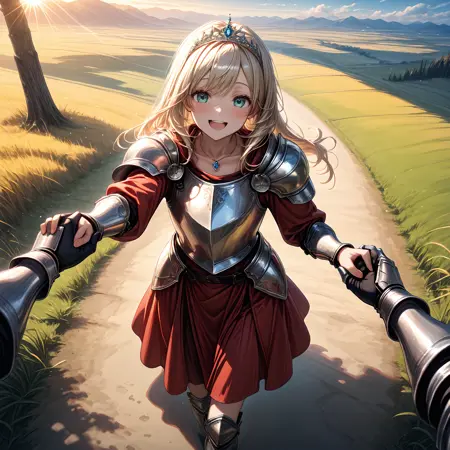Holding hands, looking at viewer