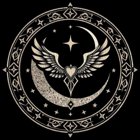 The sacred emblem of the Church of the Evernight Goddess is deeply symbolic of mystery and the balance between light and darkness. It features a crescent moon, representing the goddess's domain over the night and the unseen. Surrounding the moon are stars, signifying the vast unknown and the hidden truths of the cosmos. The moon is often depicted intertwined with ethereal wings, symbolizing the protective and guiding nature of the Evernight. The emblem’s design is intricate, with delicate celestial symbols etched throughout, evoking the divine mystery and serenity that the goddess embodies.