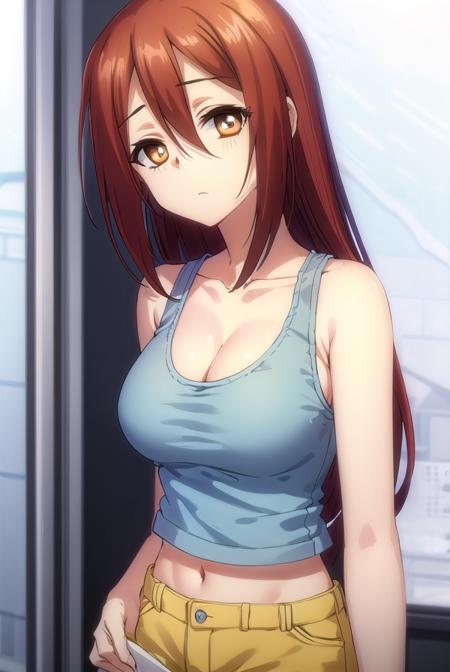 naegleria nebiros, long hair, (brown eyes:1.5), red hair, navel, cleavage, shorts, midriff, short shorts, tank top, yellow tank top,